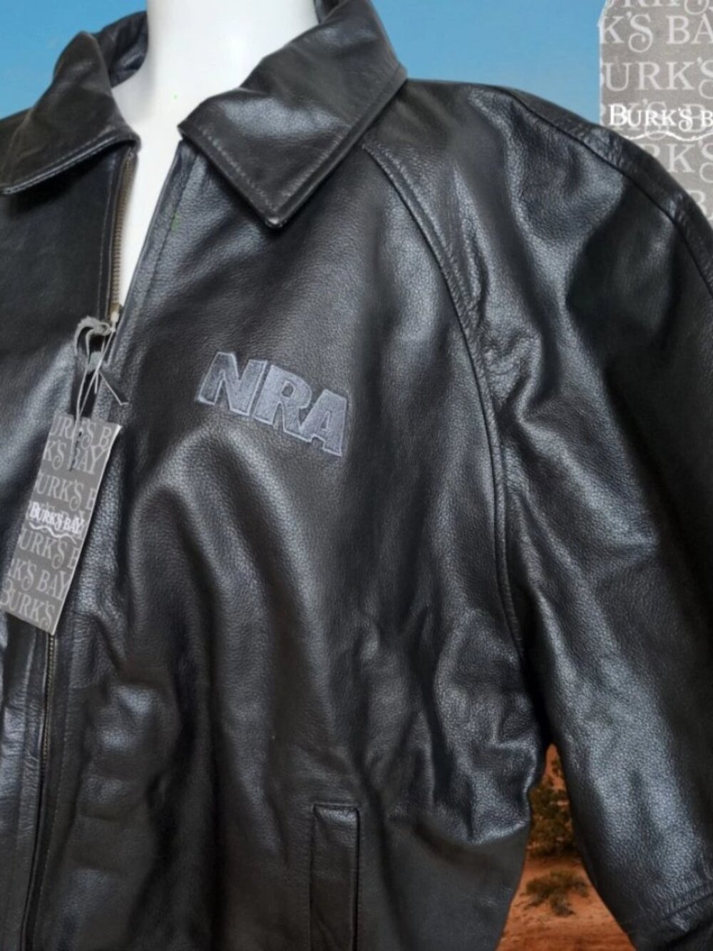 NWT Vintage 1990s Burk's Bay NRA Black Leather Bomber Jacket Mens XL